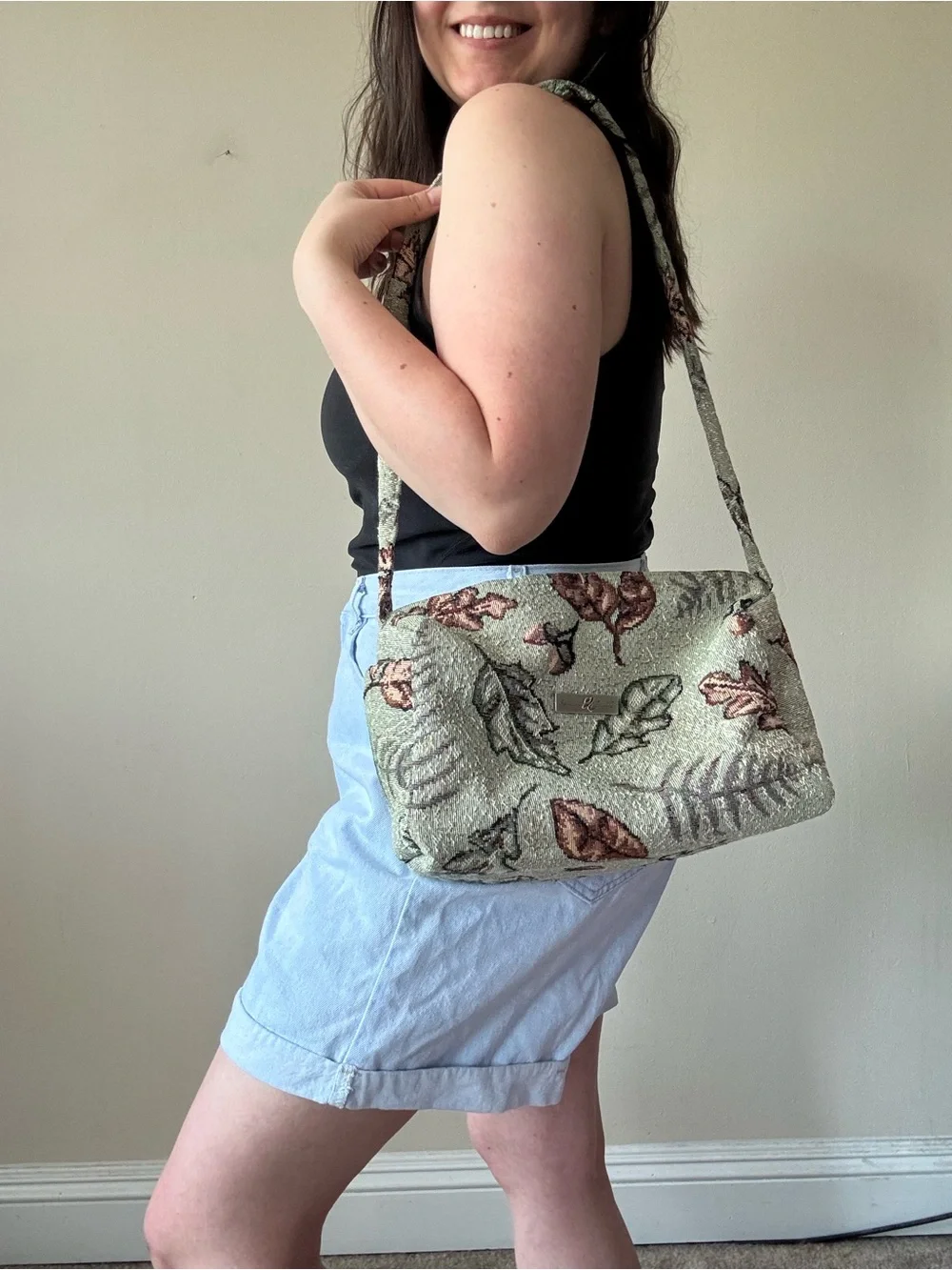 Vintage Tapestry Green Leaf-Print Shoulder Bag